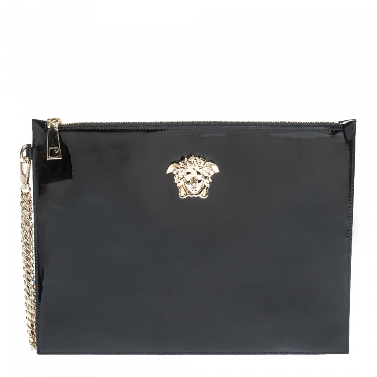 Pre Owned Versace Black Patent Leather Medusa Wristlet Pouch