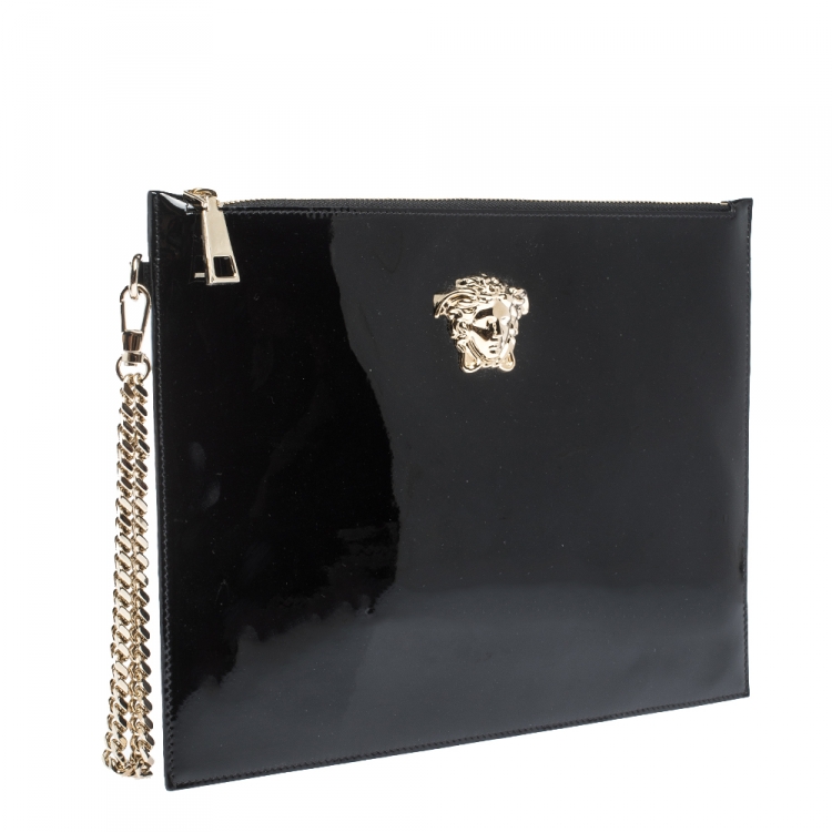 Pre Owned Versace Black Patent Leather Medusa Wristlet Pouch