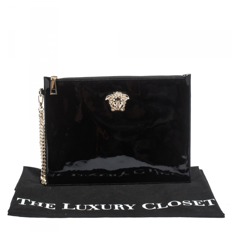 Pre Owned Versace Black Patent Leather Medusa Wristlet Pouch