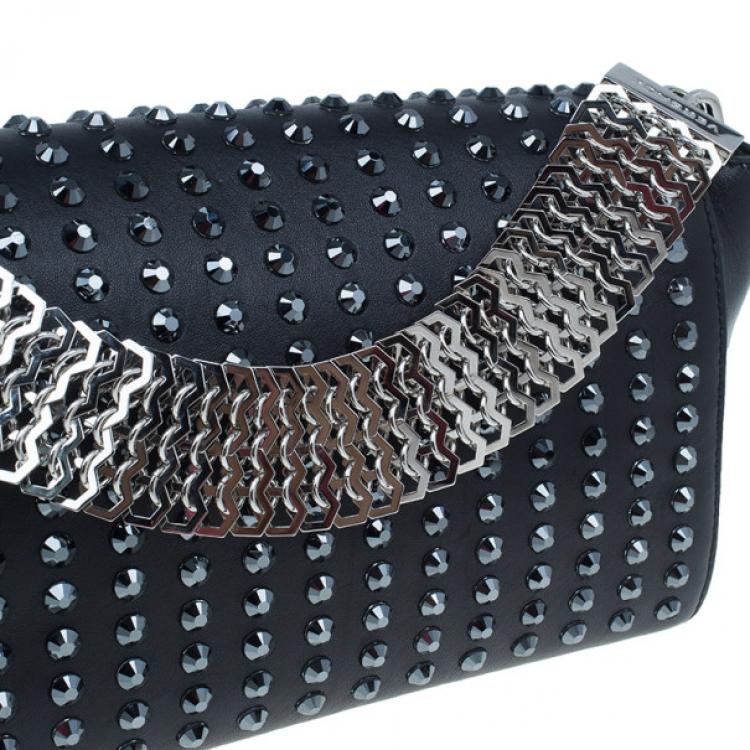 Pre Owned Versace Black  Leather Studded Crystal Chain Shoulder Bag