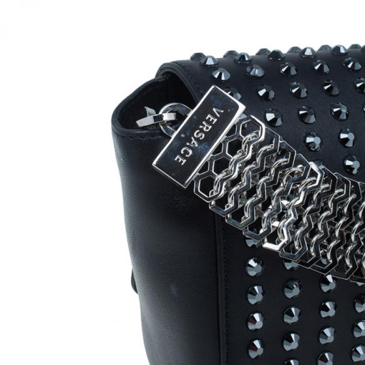 Pre Owned Versace Black  Leather Studded Crystal Chain Shoulder Bag