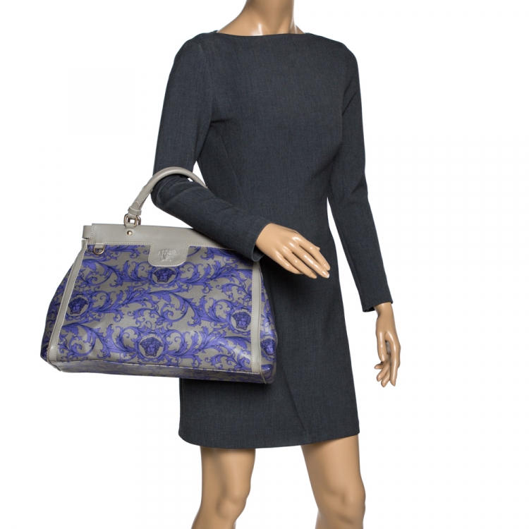 Pre Owned Versace Grey/Lilac Baroque Print Coated Canvas and Leather Frame Tote