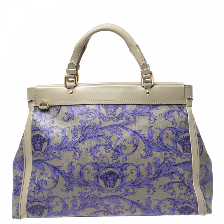 Pre Owned Versace Grey/Lilac Baroque Print Coated Canvas and Leather Frame Tote
