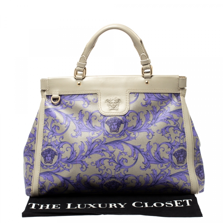 Pre Owned Versace Grey/Lilac Baroque Print Coated Canvas and Leather Frame Tote