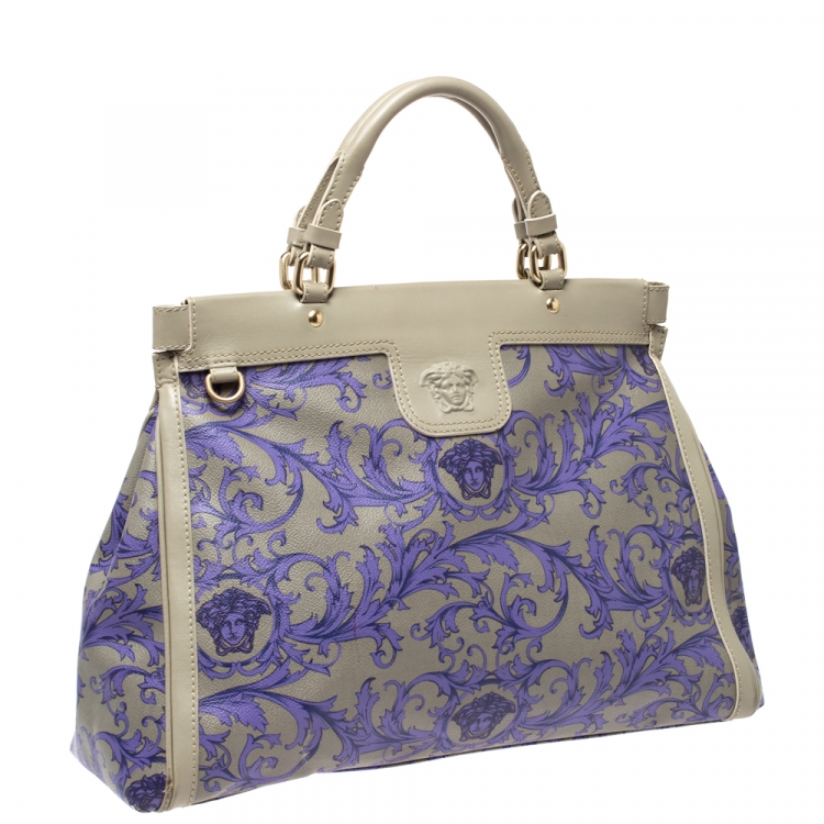 Pre Owned Versace Grey/Lilac Baroque Print Coated Canvas and Leather Frame Tote