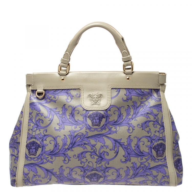 Pre Owned Versace Grey/Lilac Baroque Print Coated Canvas and Leather Frame Tote