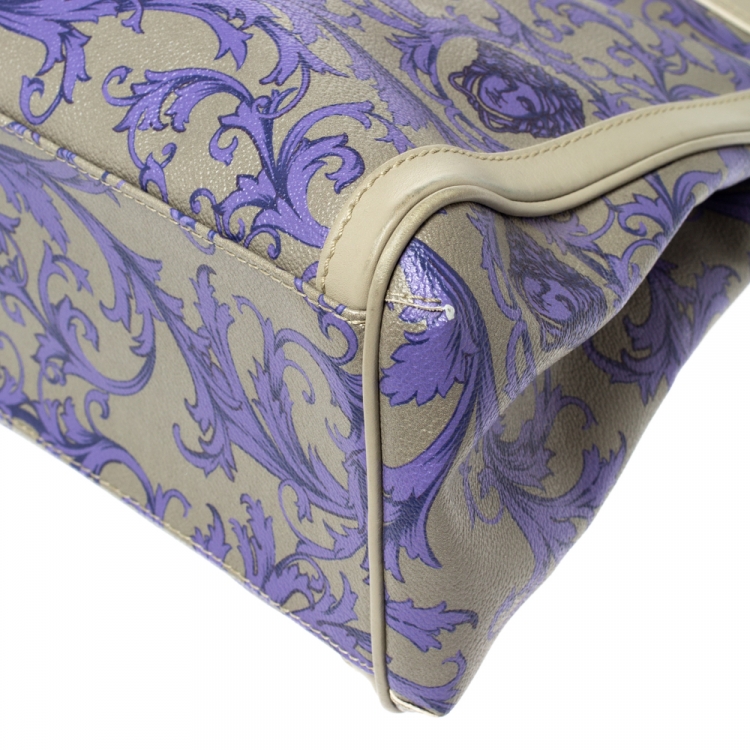 Pre Owned Versace Grey/Lilac Baroque Print Coated Canvas and Leather Frame Tote