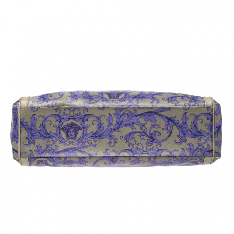 Pre Owned Versace Grey/Lilac Baroque Print Coated Canvas and Leather Frame Tote