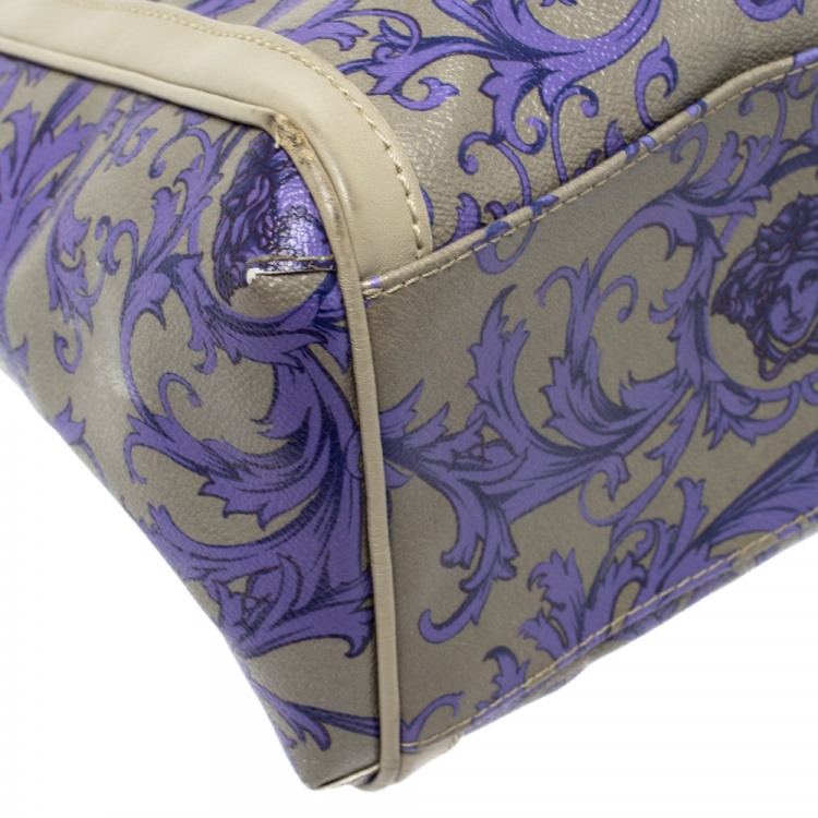 Pre Owned Versace Grey/Lilac Baroque Print Coated Canvas and Leather Frame Tote