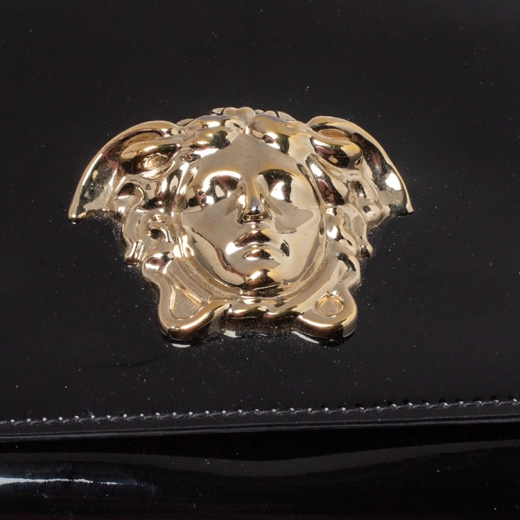 Pre Owned Versace Black Patent Leather Medusa Chain Clutch