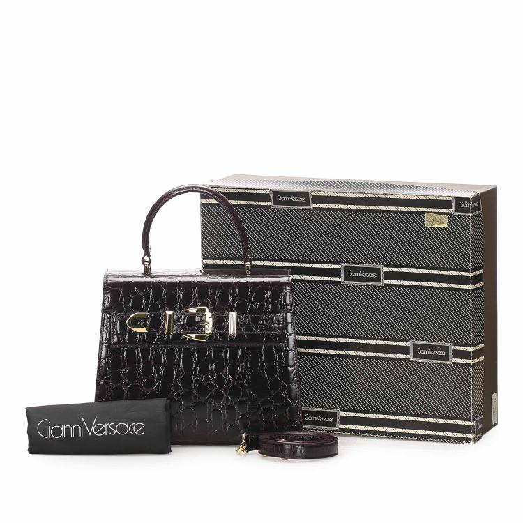 Pre Owned Versace Black Croc Embossed Leather Satchel bag