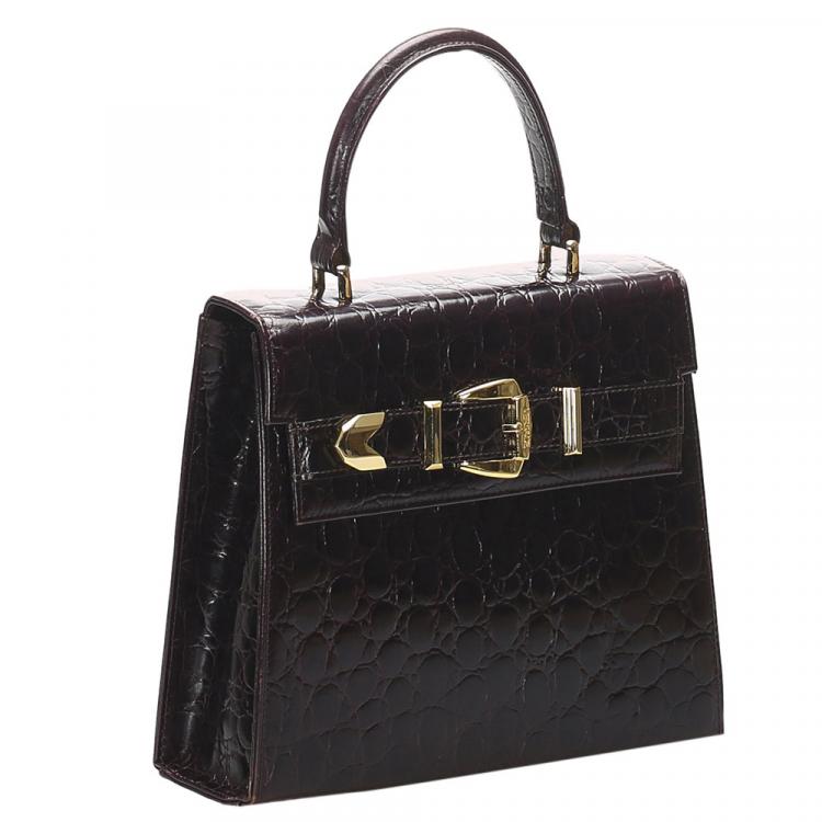 Pre Owned Versace Black Croc Embossed Leather Satchel bag