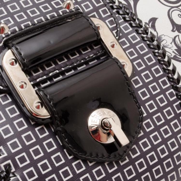 Pre Owned Versace Black and White Multi Print Leather Tote