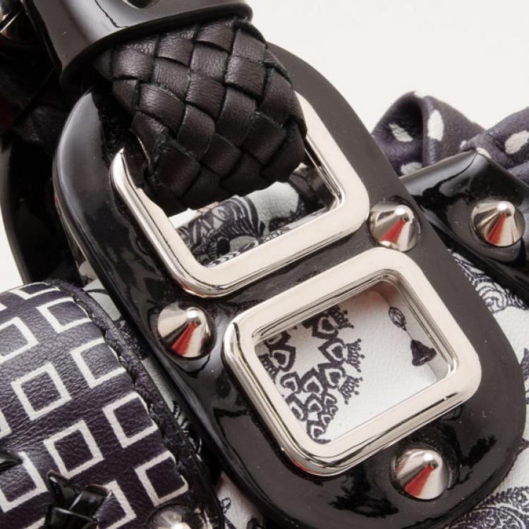 Pre Owned Versace Black and White Multi Print Leather Tote