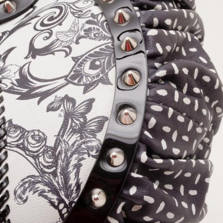 Pre Owned Versace Black and White Multi Print Leather Tote