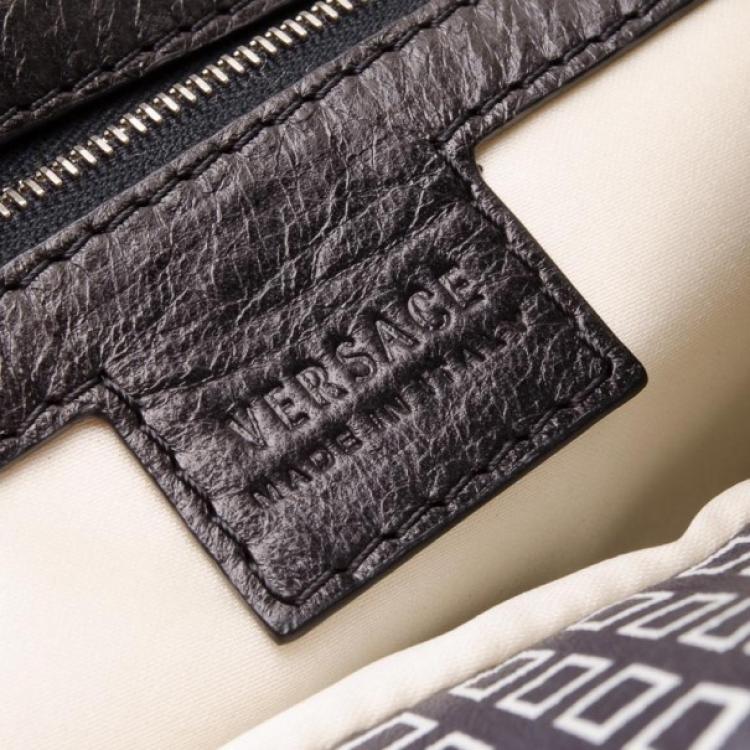 Pre Owned Versace Black and White Multi Print Leather Tote