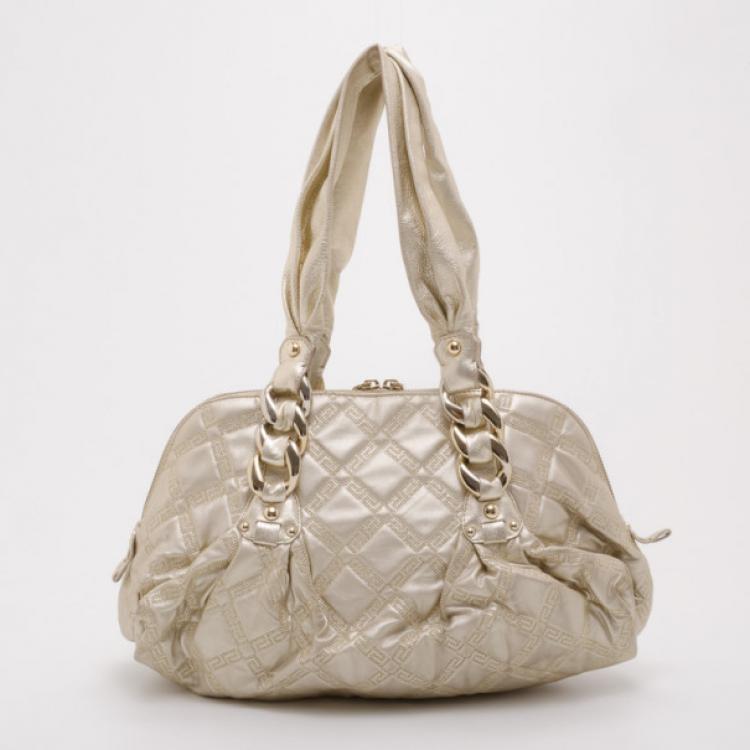 Pre Owned Versace Metallic Quilted Logo Leather Satchel 