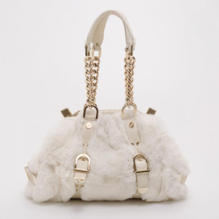 Pre Owned Versace White Chinchilla Madonna Boston Bag