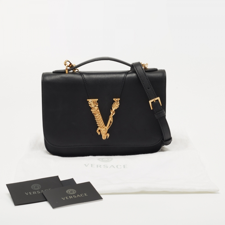Pre Owned Versace Black Leather Virtus Shoulder Bag