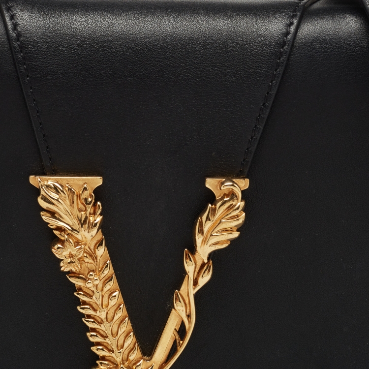 Pre Owned Versace Black Leather Virtus Shoulder Bag