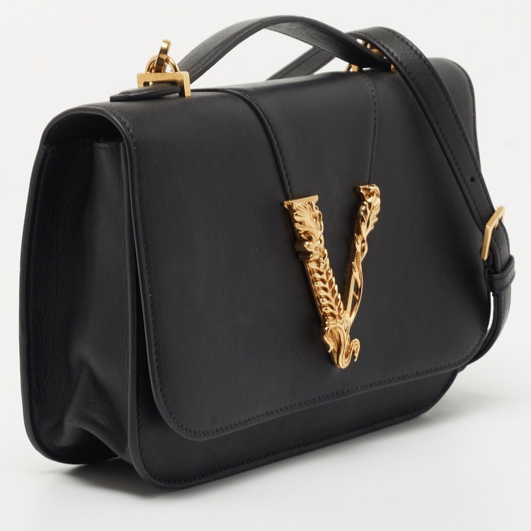 Pre Owned Versace Black Leather Virtus Shoulder Bag
