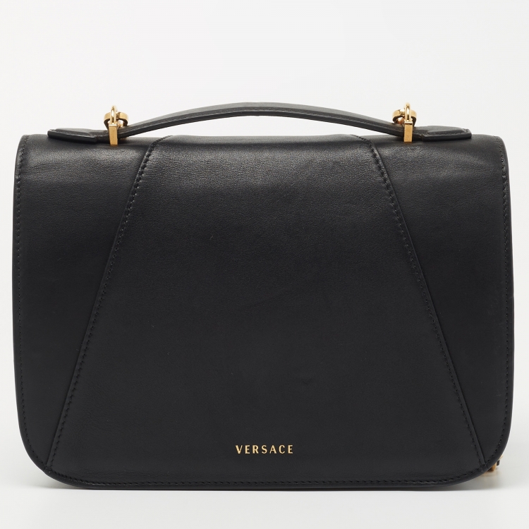 Pre Owned Versace Black Leather Virtus Shoulder Bag