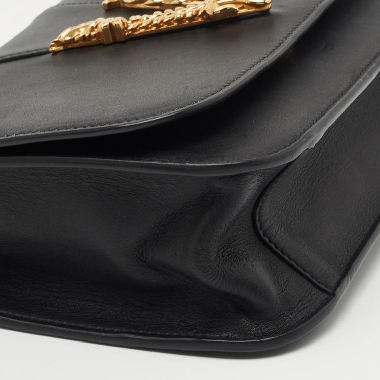 Pre Owned Versace Black Leather Virtus Shoulder Bag