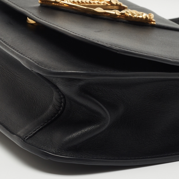 Pre Owned Versace Black Leather Virtus Shoulder Bag