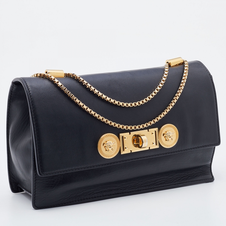 Pre Owned Versace Black Leather Medusa Flap Chain Shoulder Bag