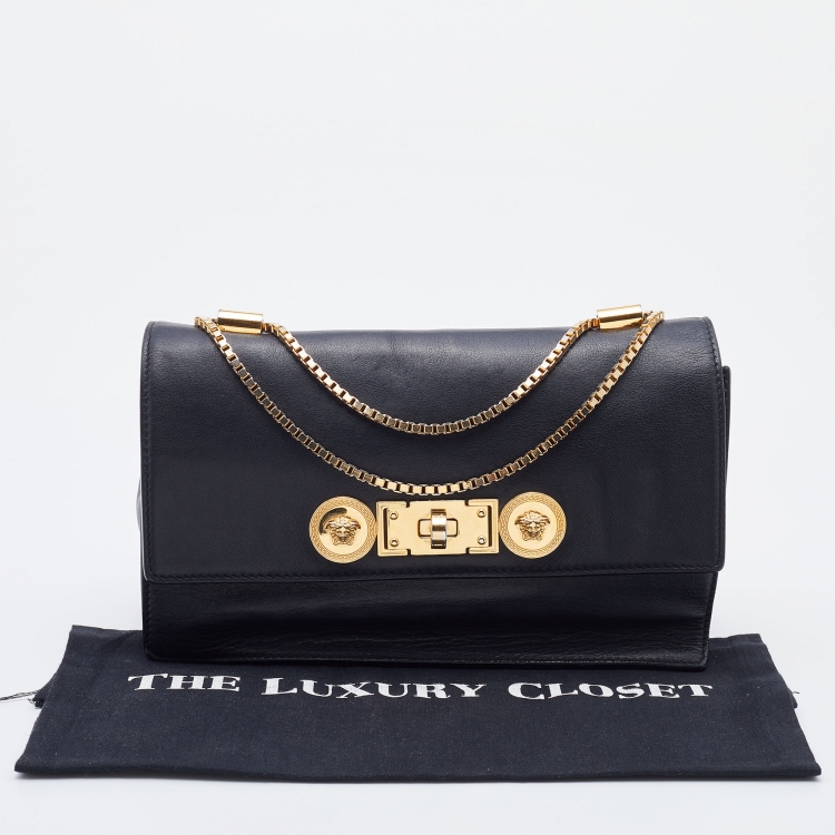 Pre Owned Versace Black Leather Medusa Flap Chain Shoulder Bag