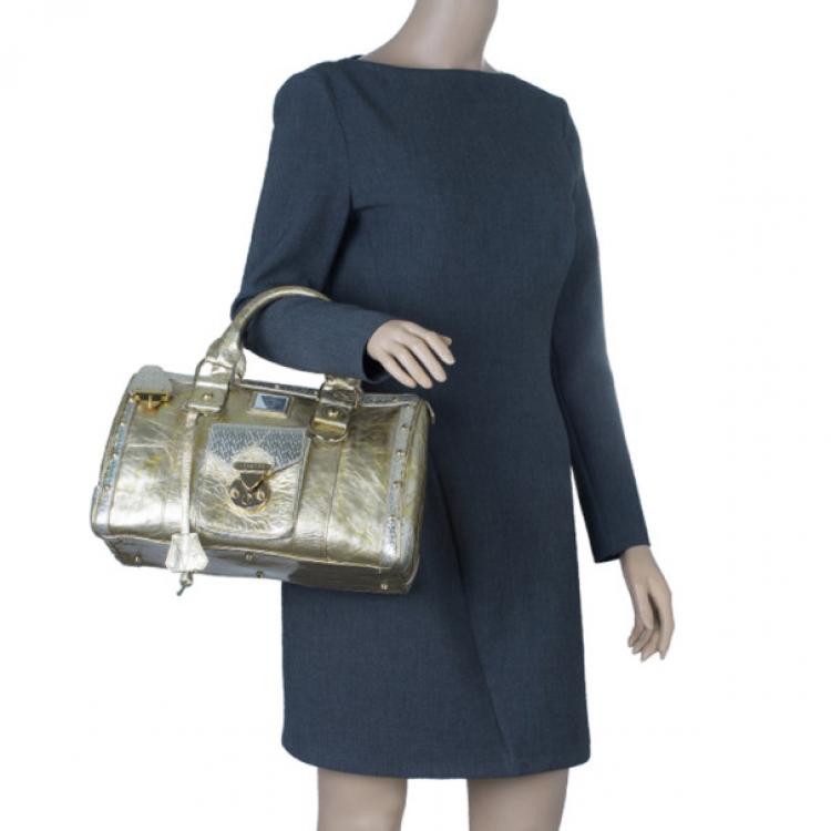 Pre Owned Versace Metallic Gold Leather Large Snap Out of It Boston