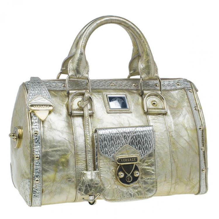 Pre Owned Versace Metallic Gold Leather Large Snap Out of It Boston