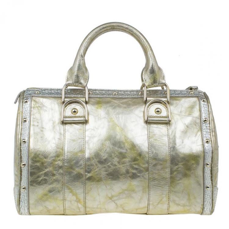 Pre Owned Versace Metallic Gold Leather Large Snap Out of It Boston