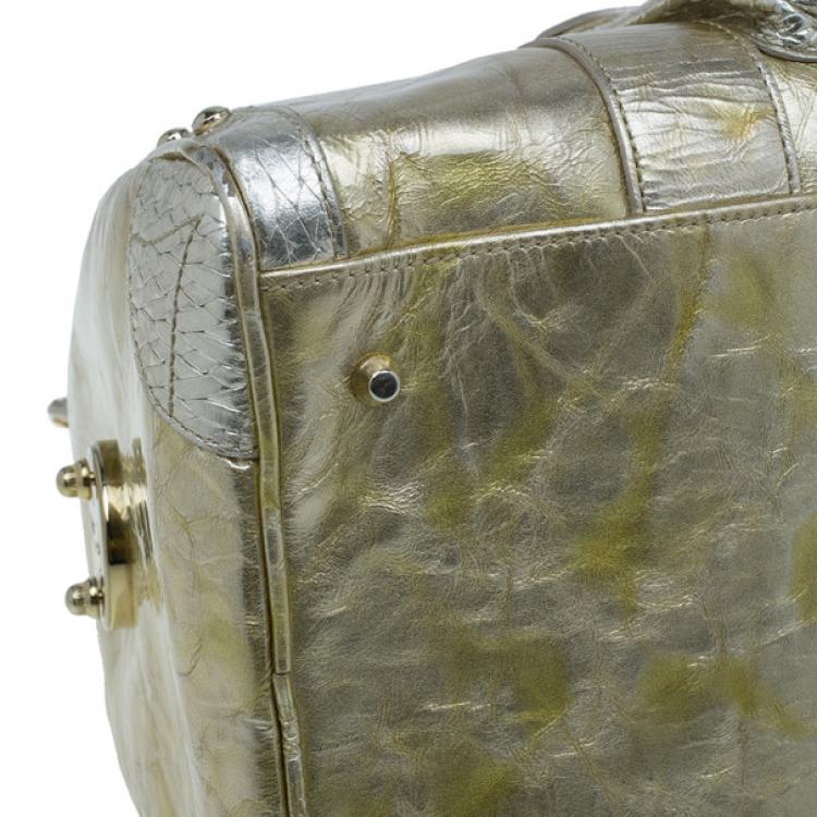 Pre Owned Versace Metallic Gold Leather Large Snap Out of It Boston