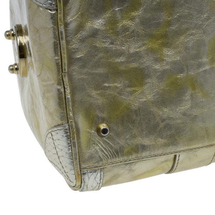 Pre Owned Versace Metallic Gold Leather Large Snap Out of It Boston