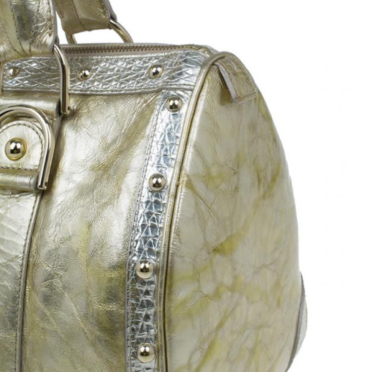 Pre Owned Versace Metallic Gold Leather Large Snap Out of It Boston