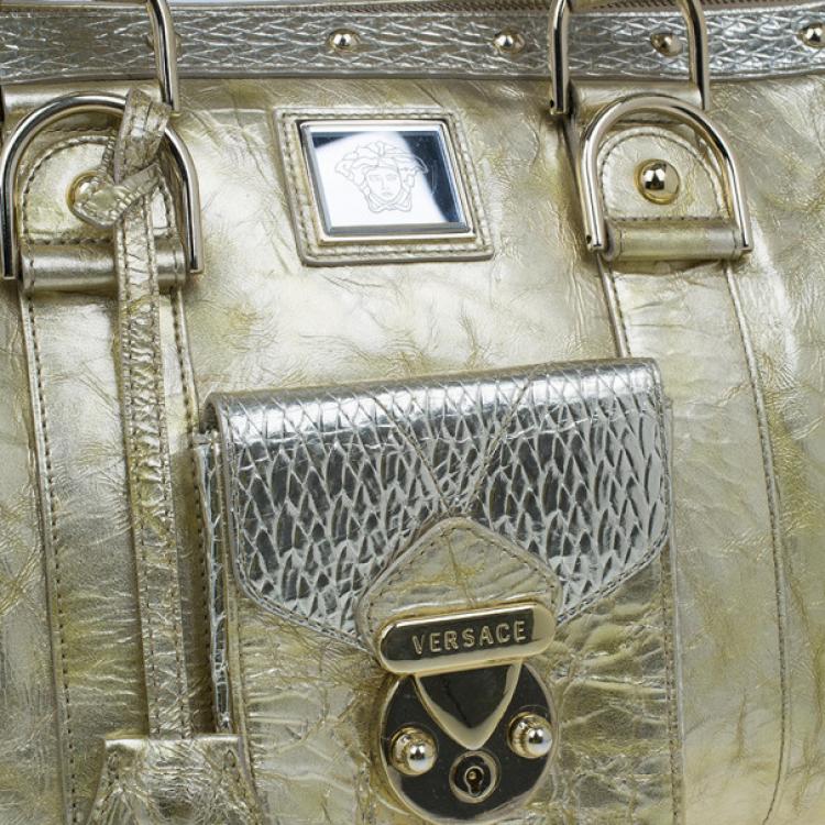 Pre Owned Versace Metallic Gold Leather Large Snap Out of It Boston