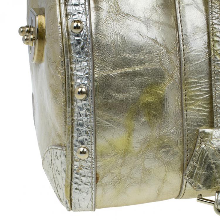 Pre Owned Versace Metallic Gold Leather Large Snap Out of It Boston