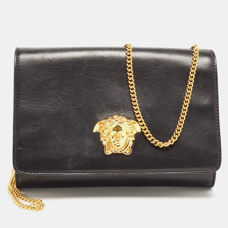 Versace Women's Black Leather Gold Medusa Clutch Handbag Bag