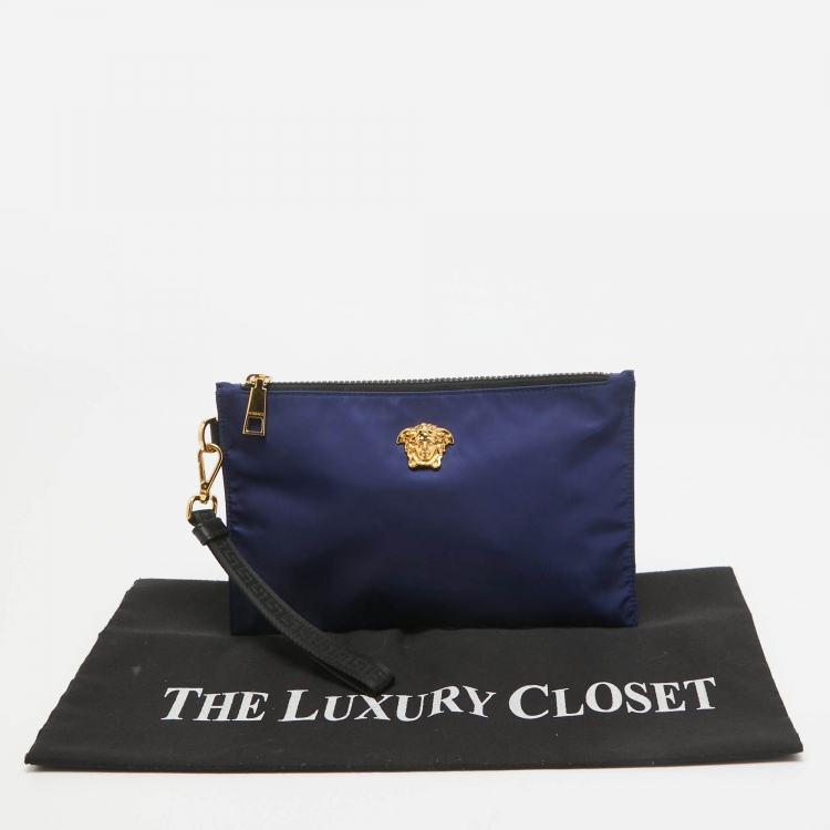 Pre Owned Versace Indigo Satin La Medusa Wristlet Pouch
