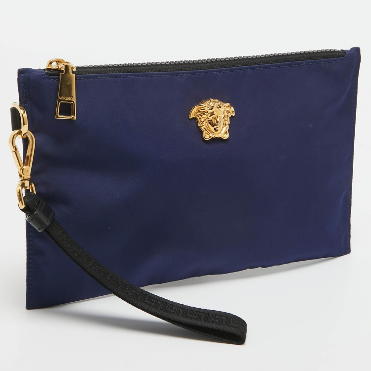 Pre Owned Versace Indigo Satin La Medusa Wristlet Pouch