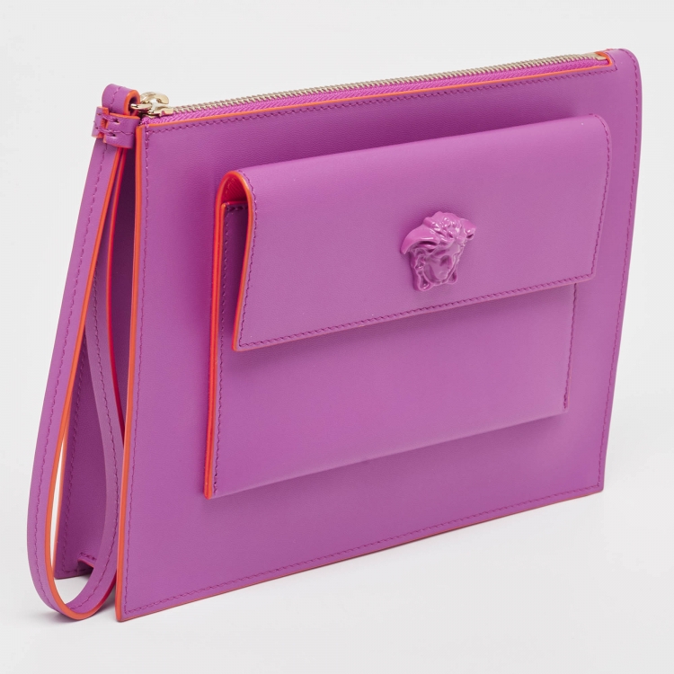 Pre Owned Versace Purple Leather Medusa Wristlet Zip Pouch