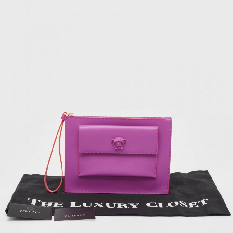Pre Owned Versace Purple Leather Medusa Wristlet Zip Pouch