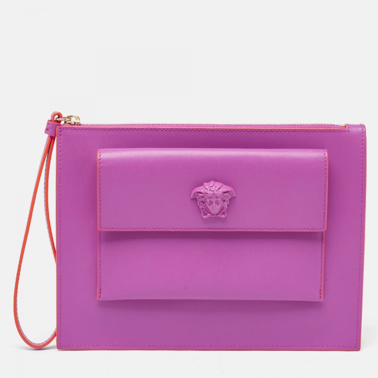 Pre Owned Versace Purple Leather Medusa Wristlet Zip Pouch