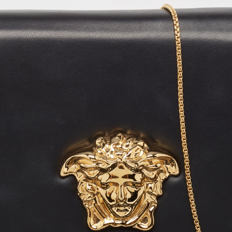 Pre Owned Versace Black Leather Palazzo Medusa Chain Clutch