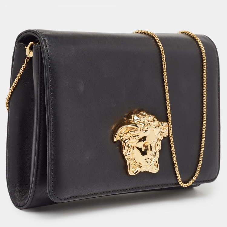 Pre Owned Versace Black Leather Palazzo Medusa Chain Clutch