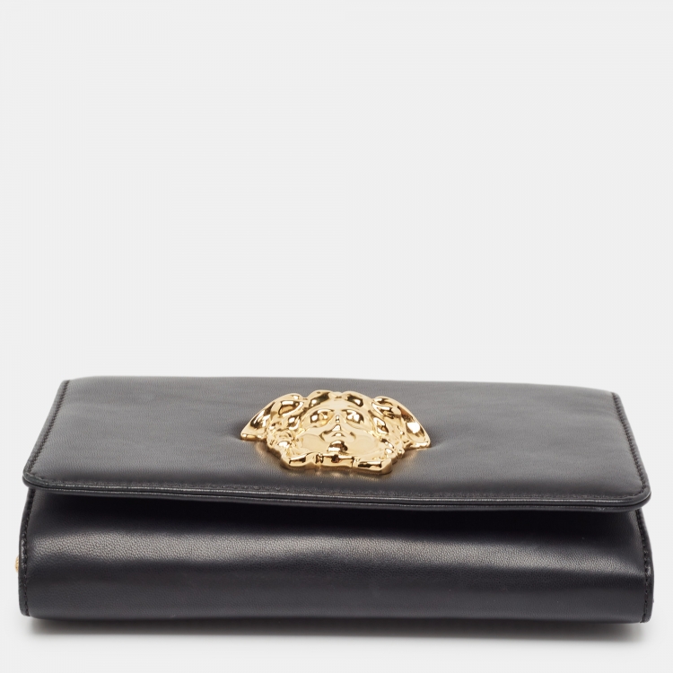 Pre Owned Versace Black Leather Palazzo Medusa Chain Clutch