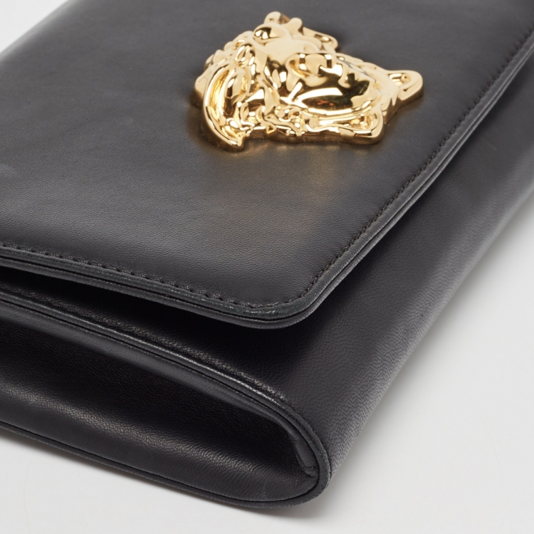 Pre Owned Versace Black Leather Palazzo Medusa Chain Clutch