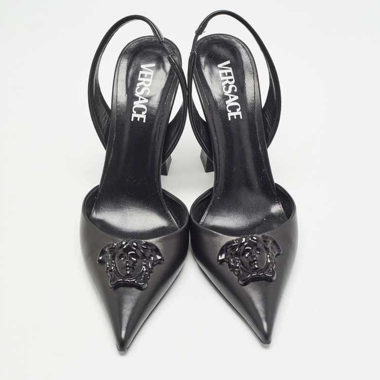 Pre Owned Versace Black Leather La Medusa Slingback Pumps Size 39 