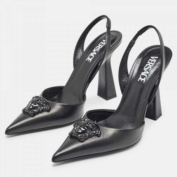 Pre Owned Versace Black Leather La Medusa Slingback Pumps Size 39 